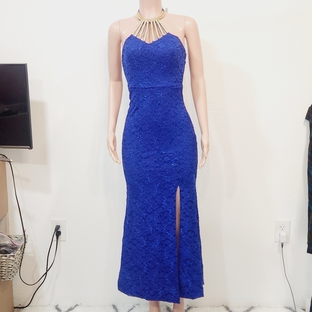 LA Scala Formal Floor Length Lace Rhinestone Neck Dress Size S